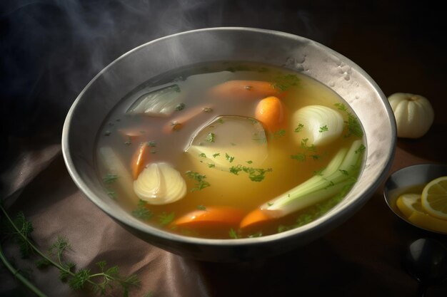 Photo vegetable vegetarian soup with potato, carrot, onion, celery in metal plate bowl on dark tablecloth background. close-up. text copy space. selective soft focus