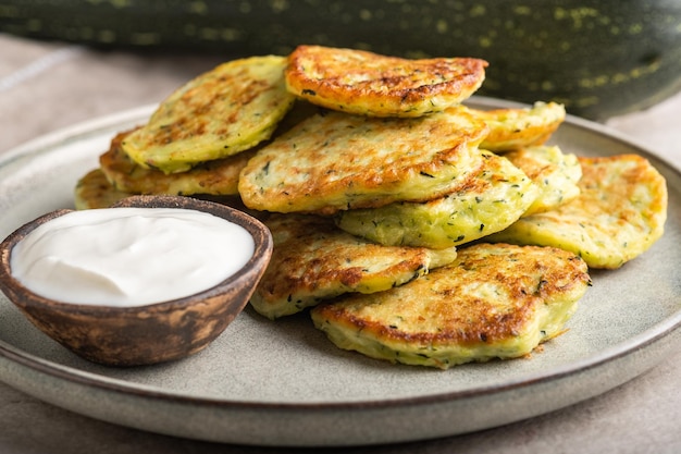 Vegetable vegetarian zucchini pancakes with sour cream on a round plate and green zucchini