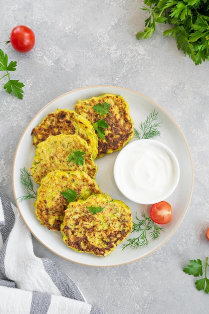 Vegetable zucchini pancakes with cheese dill and parsley on a plate with sour cream