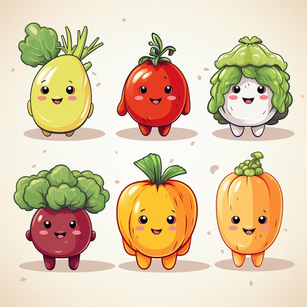 写真 野菜と果物 漫画キャラクターセット 可愛い野菜キャラクターのベクトルイラスト