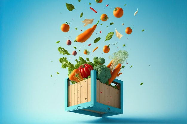 Vegetables are flying in a wooden box on a blue background