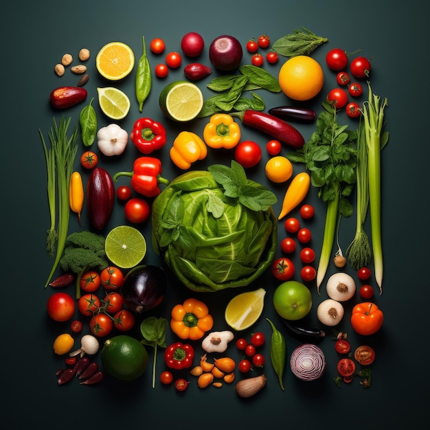 vegetables arranged in the shape of a circle on a dark background