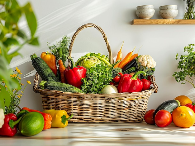 Photo vegetables arranged together in a basket on a white wooden table against a white wall background