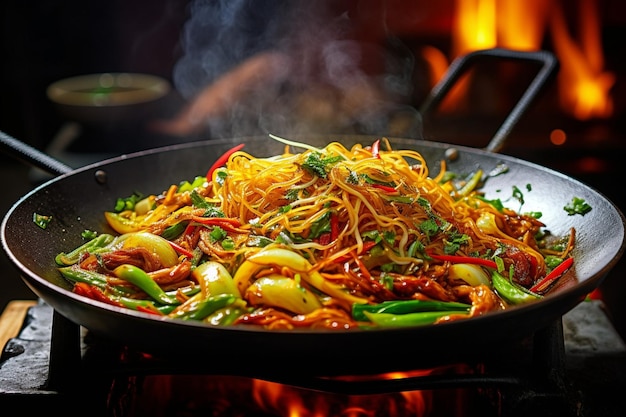 Vegetables being stirfried in a traditional wok emitting appetizing aromas