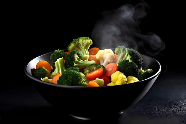 Vegetables in a black bowl on a dark background with smoke