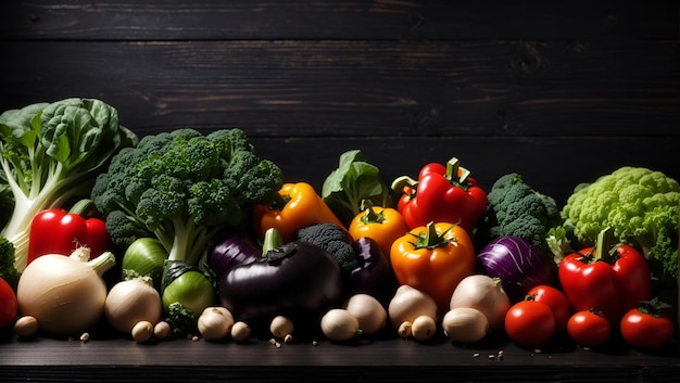 Photo vegetables over black wooden table background backdrop with copy space
