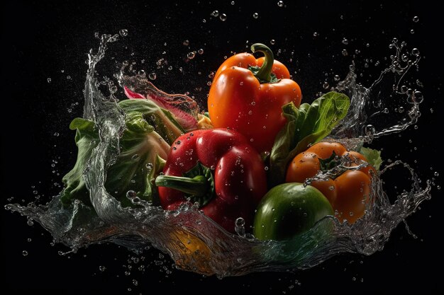 Vegetables in a bowl of water with a black background