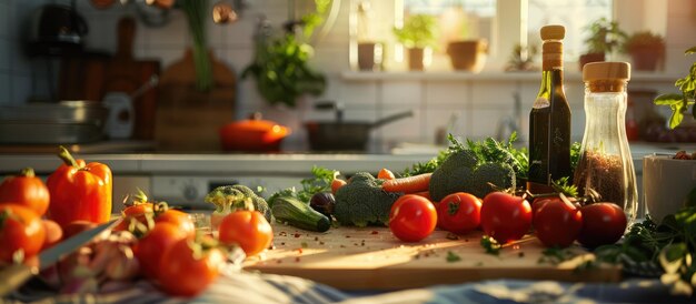 Vegetables on a chopping board in a domestic kitchen