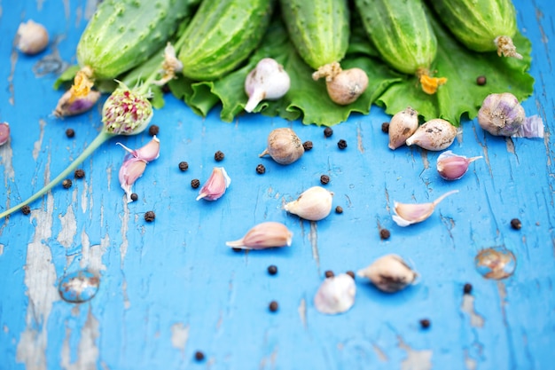 Vegetables. Cucumbers with garlic on a wooden background.