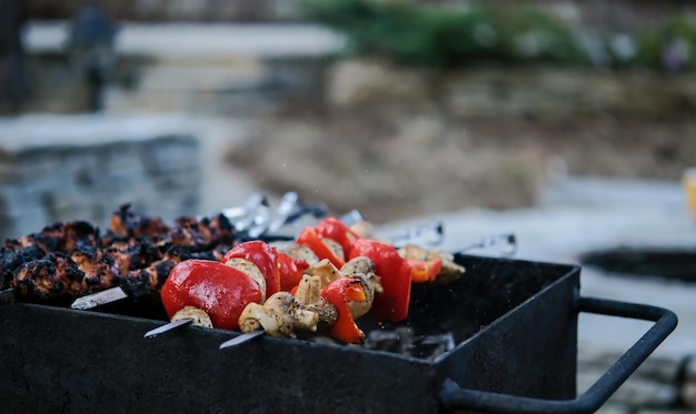 Vegetables fried on coals grilled vegetables grilled bell\
pepper grilled mushrooms