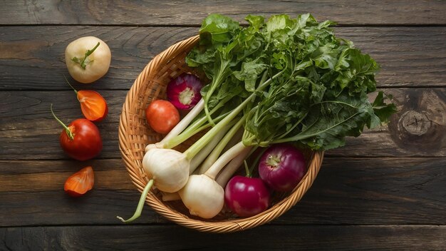 The vegetables from a basket on wooden table