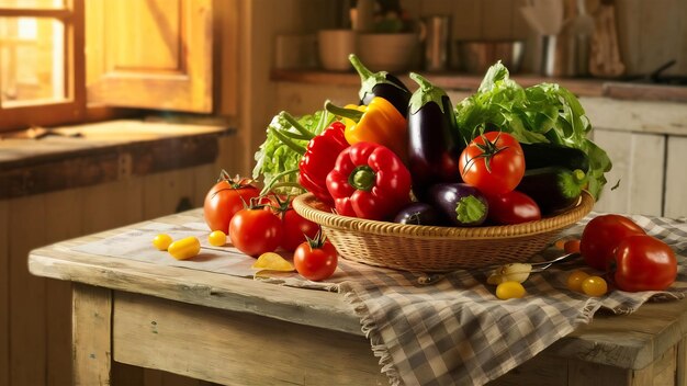The vegetables from a basket on wooden table