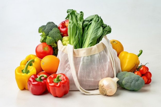 재사용 가능한 가방으로 채소와 과일 농부 시장에서 제로 폐기물 개념