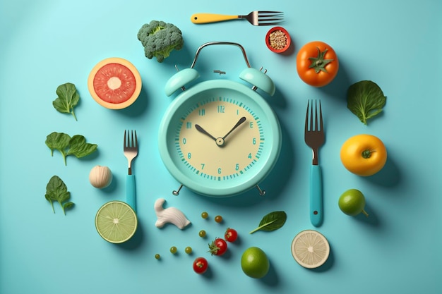 Photo vegetables and fruits around the alarm clock