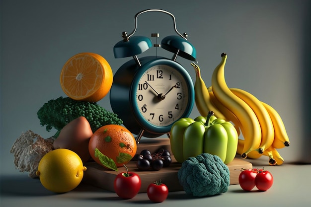 Vegetables and fruits around the alarm clock