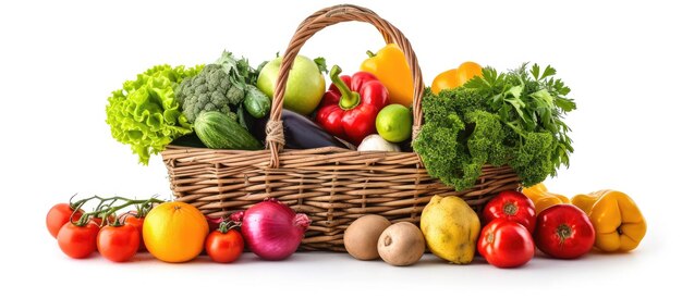 Vegetables and fruits arranged in wicker basket on white background