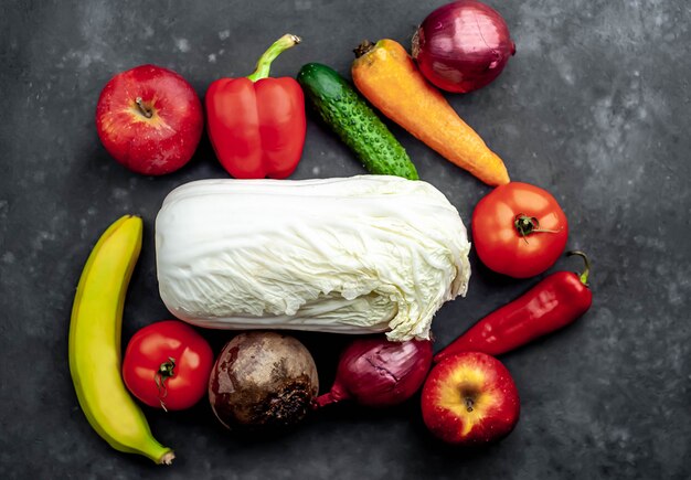 vegetables and fruits from the store on a stone background