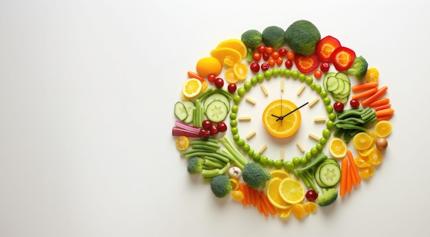 Vegetables and fruits gathered in shape of clock on isolated background