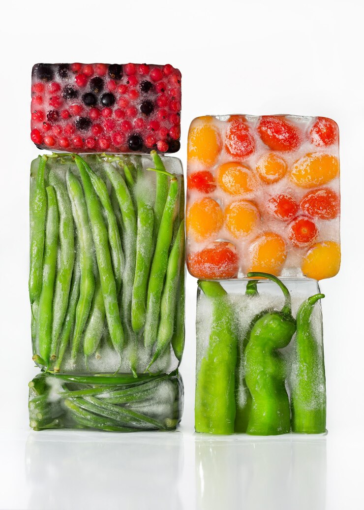 Vegetables and fruits in ice cubes