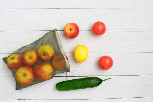 Vegetables and fruits on reusable eco friendly mesh bag