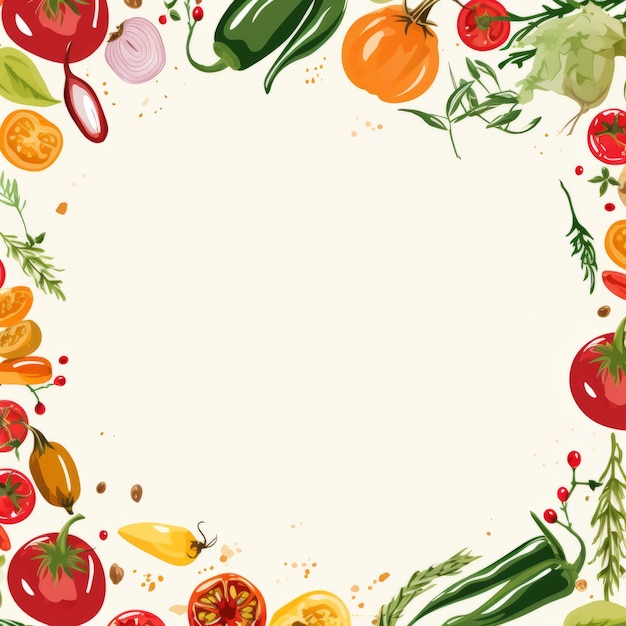 vegetables and fruits in a round frame on a white background