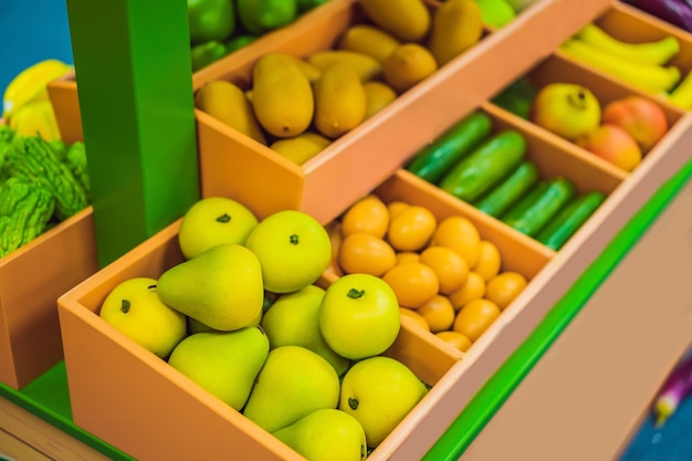 Vegetables and fruits in a toy supermarket