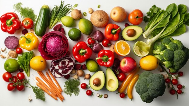 vegetables and fruits on white background