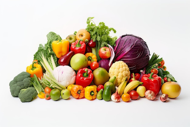 Vegetables and fruits on white