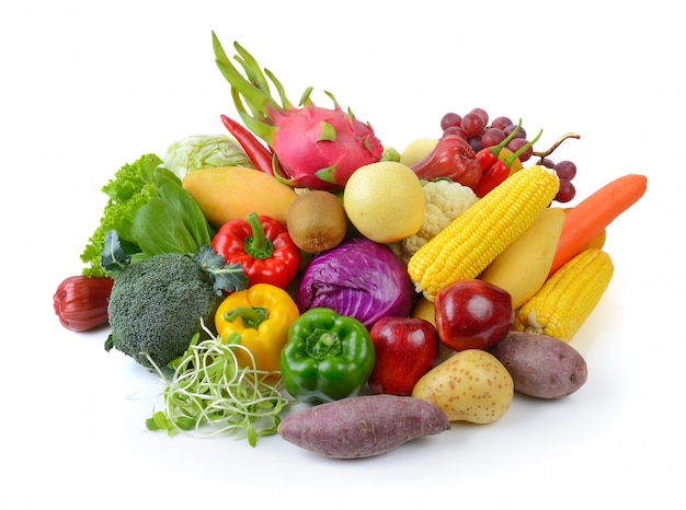 Vegetables and fruits on white 