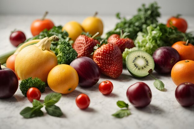 Vegetables and fruits on white