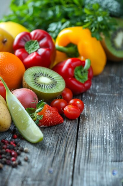 나무 테이블에 있는 야채와 과일과 허브 (Generative AI)