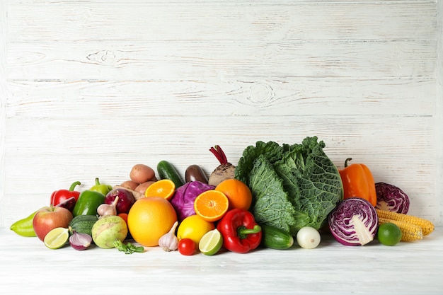 Vegetables and fruits on wooden 