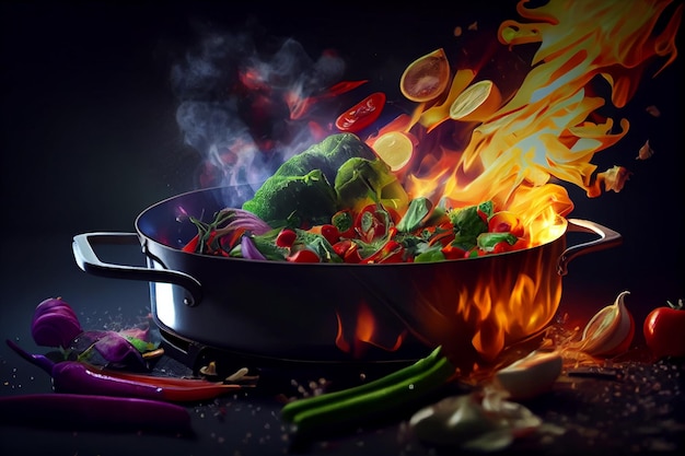 Vegetables in a frying pan on the background of the kitchengenerative ai