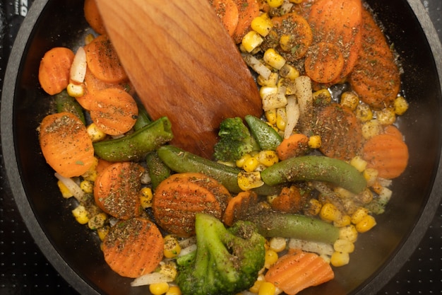 Vegetables on frying pan close up