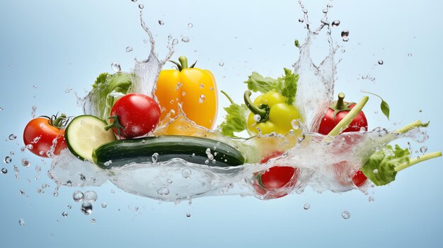 Photo vegetables and greens after falling with splashes of water