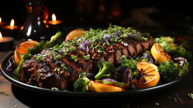 Vegetables and grilled beef with smoky on the plate