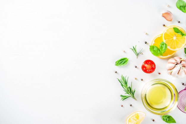 vegetables and herbs for cooking, top view