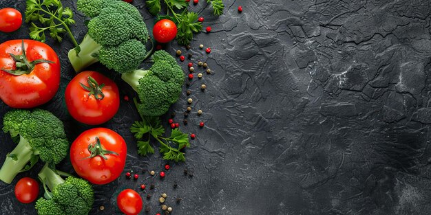 Vegetables and herbs on dark background Top view with copy spacex9