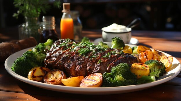 Vegetables and hot barbecue with grilled steak in a white plate on wooden table