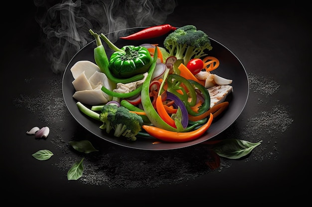 Vegetables in a hot stir fry served on a dark platter Copy space for healthy asian cuisine concept