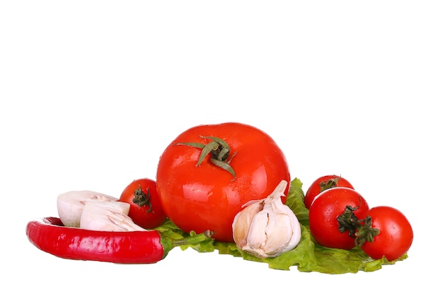 Vegetables isolated on white mushrooms, tomatoes, peppers