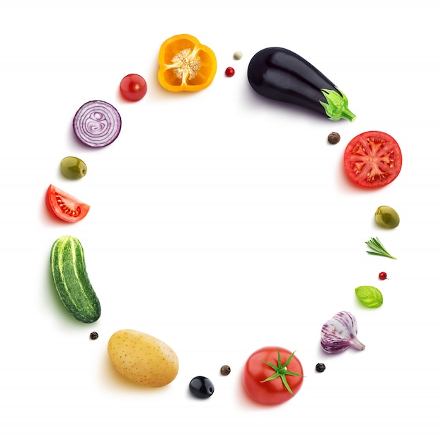 Vegetables isolated on white in a round frame