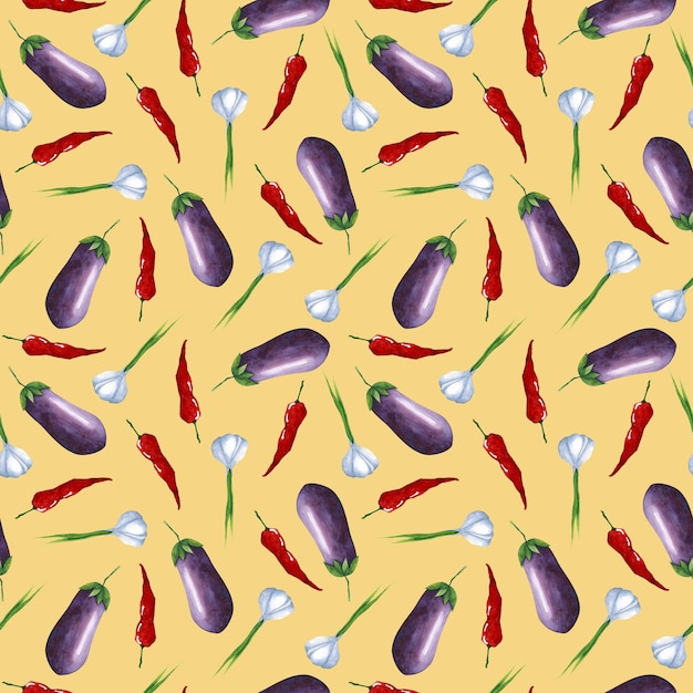 Vegetables on mustard color seamless pattern Eggplant garlic chili pepper on yellow background