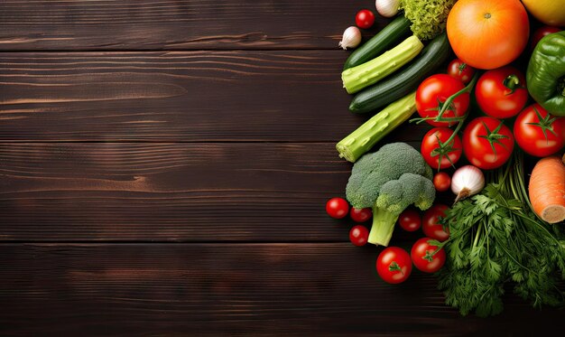 Vegetables on old wood table background Top view Vegetarian organic food banner Cooking ingredient carrot tomatoes cucumber pepper broccoli onion Copy space AI Generative