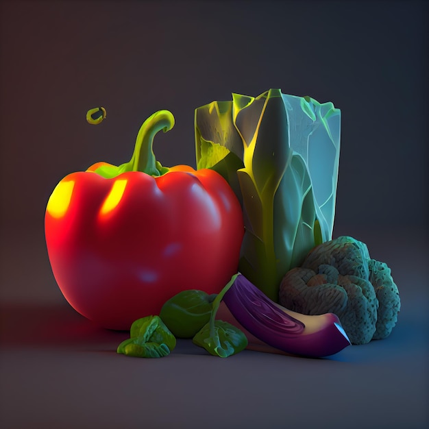 暗い背景の 3 d イラストレーションに紙袋に入った野菜