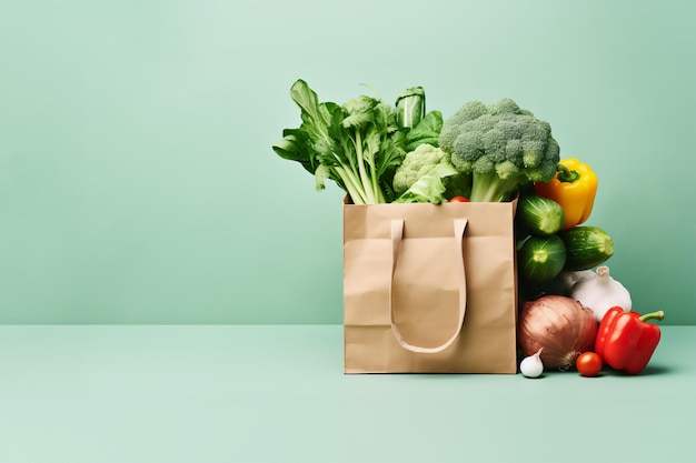 Vegetables in a paper shopping bag on a green background copy space