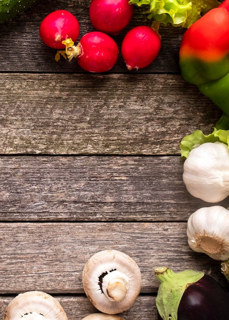 Vegetables on rustic background Space for text Top view