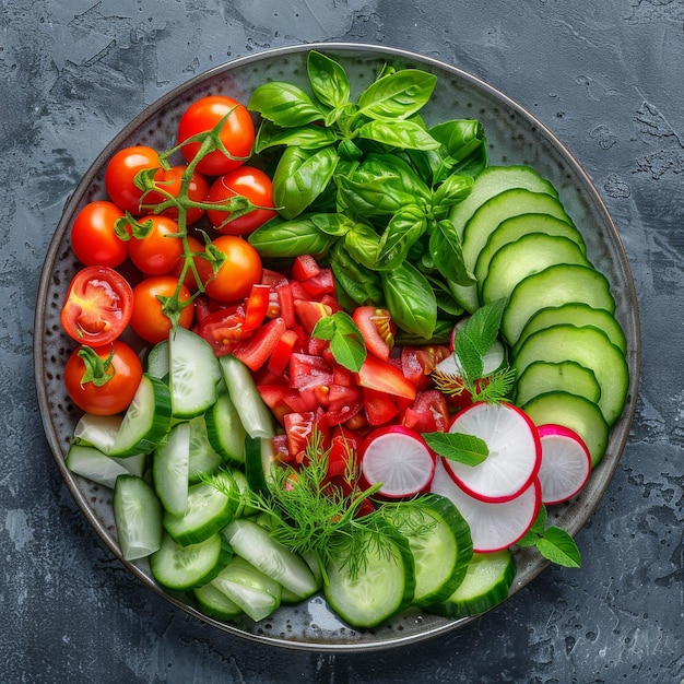 Vegetables Salad Vegan Plate of Fresh Sliced Cucumbers Green Onions Radish Cherry Tomatoes