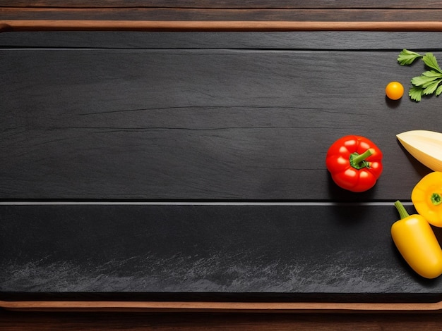 Photo vegetables set to the left of a black slate with a black wood texture