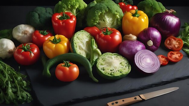 Vegetables set to the left of a black slate